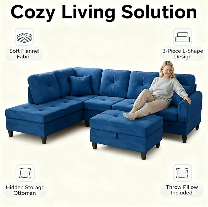 Modern L-Shape Sofa with Storage Ottoman, 3-Piece Flannel Sectional Couch Set for Living Room, Contemporary Upholstered Couch Set with Solid Wood Frame for Apartment, Blue