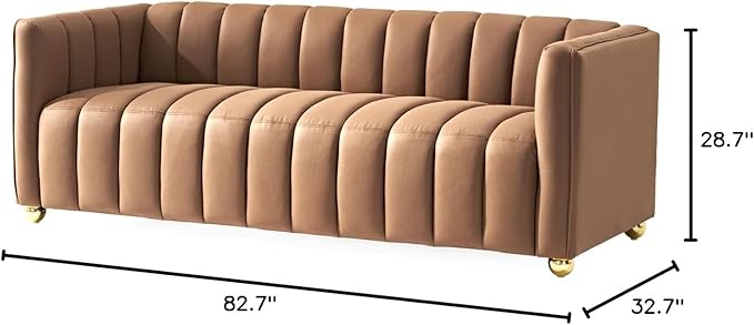 Direct Glam Fabric Upholstered Solid Wood Frame 82.7" Art Deco Sofa for Living Room, Office, Sophisticated 3 Seater Couch, Brown
