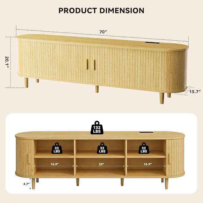 70" Mid Century Modern TV Stand with Power Outlet, Fluted Entertainment Center with Storage and Adjustable Shelves, Wood TV Console with Sliding Doors for Living Room, Oak - Image 3
