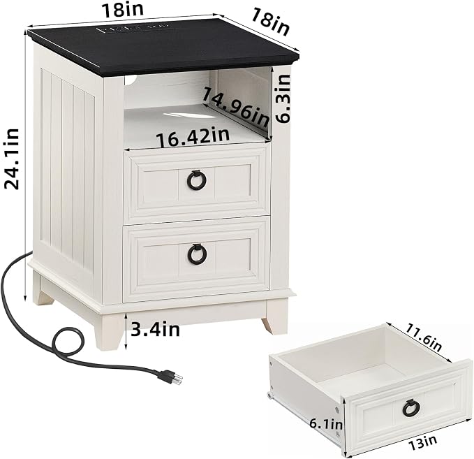 Joaxswe 18" Farmhouse Night Stand with Charging Station, 2 Drawers End Table Dresser for Bedroom, White Wooden Nightstand, Bed Side Table with Open Shelf, Bedside Cabinet for Living Room, Closet - Image 2