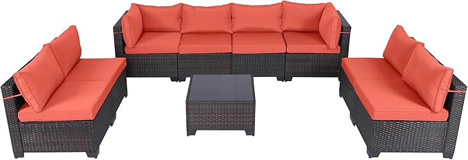 CHABATREE 9 Pieces Outdoor Patio Furniture Sets,Rattan Conversation Sectional Set,Manual Weaving Wicker Patio Sofa with Tea Table