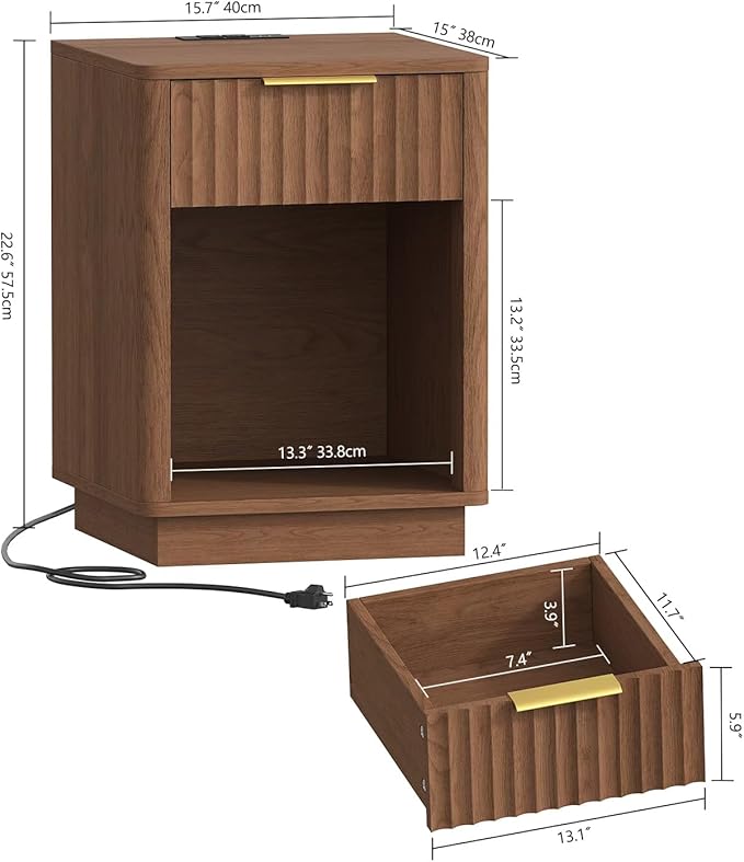 Akxomel Fluted Nightstands Set of 2, Wooden Night Stand with Charging Station and LED Light, Modern Mid Century End Table with Drawer, 15" D x 15.7" W x 22.6" H, for Bedroom, Walnut - Image 3