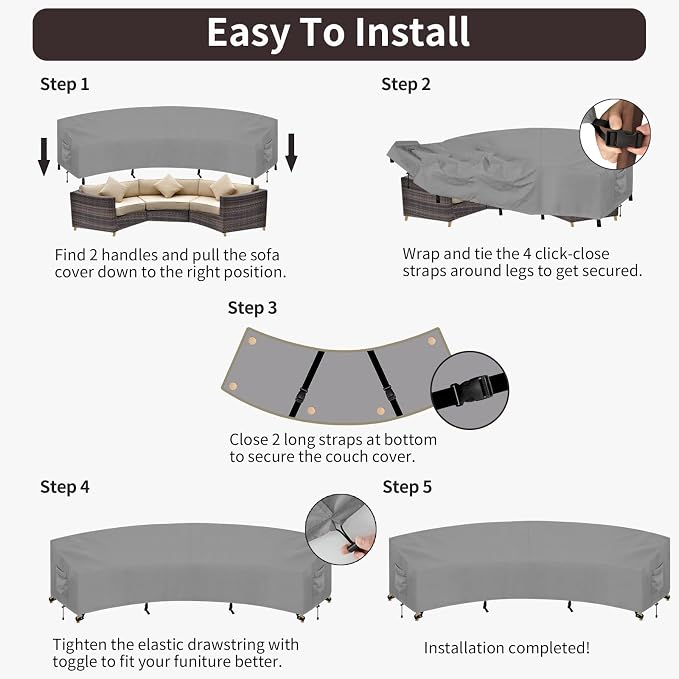 PureFit Outdoor Sectional Sofa Cover Waterproof Curved Patio Furniture Covers for Deck, Lawn and Backyard, 150Lx36Dx38Hx112FL, Grey - Image 7