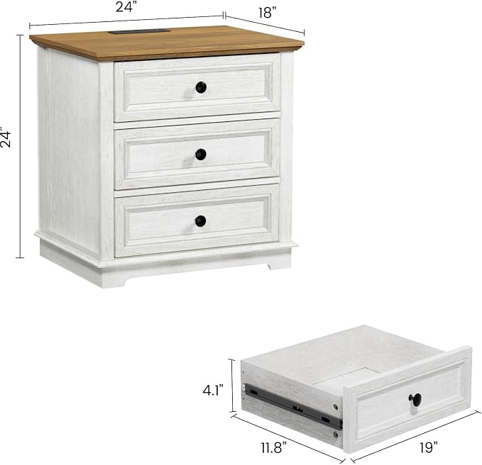 Nightstand with Charging Station, 24” Wide End Table with 3 Drawers, Modern Bedside Table with Storage, Wood Small Dresser for Bedroom Room (White) - Image 2
