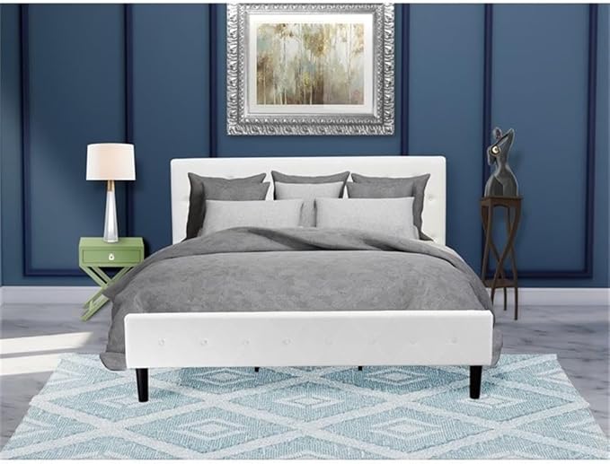 East West Furniture NL19K-1HA12 2 Piece Bedroom Set - King Size Button Tufted Bed - Linen white Velvet Fabric Upholstered Headboard and a Clover Green Finish Nightstand