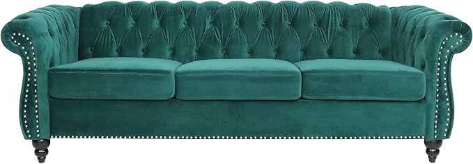 LEVNARY Three-Seat Velvet Sofa, Large Sofa Classic Tufted Chesterfield Settee Modern 3 Seater Couch Furniture Tufted Back for Living Room, Green