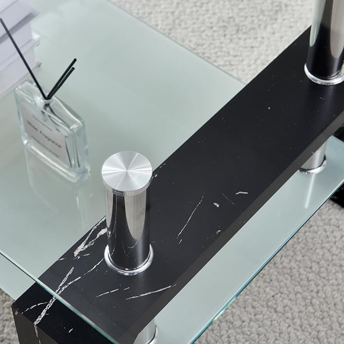 Living Room Rectangle Coffee Table, Tea Table Suitable for Waiting Room, Modern Side Coffee Table with Wooden Leg, Glass Tabletop with Lower Shelf, Black Marble Leg.