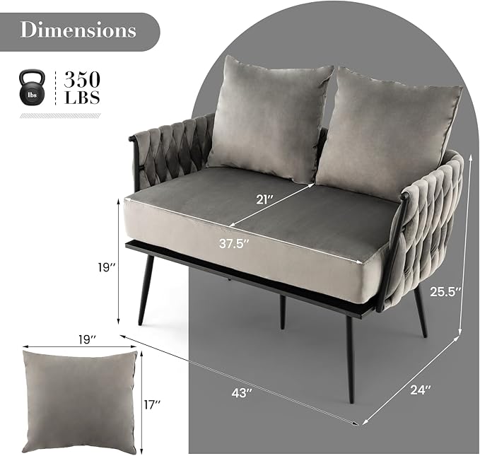 KOMFOTT 43” Loveseat Sofa, Modern Upholstered 2-Seat Sofa with 2 Back Pillows, Woven Backrest & Armrest, Mid Century Modern Dutch Velvet Sofa for Living Room Bedroom Apartment (Gray)