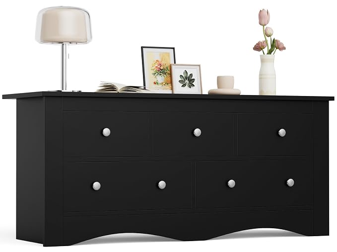 Furmax Dresser for Bedroom, 5 Wood Dresser, Chest of Drawers, for TV up to 65 inch, TV Stand Storage Chest of Drawers for Hallway Entryway (Black) by Furmax