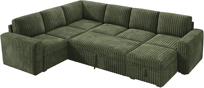 HONBAY Modular Sectional Sleeper Sofa with Pull Out Bed,Corduroy U Shaped Couch with Storage, Sectional Couches for Living Room,Green