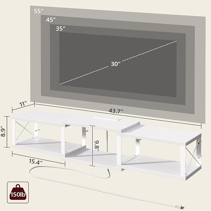 MAHANCRIS 43.7” Floating TV Stand with Power Outlet, Wall-Mounted Entertainment Center, Floating Metal Frame Media Console Shelf for Under TV Storage, for Living Room, Bedroom, White TVBW101E01 - Image 3