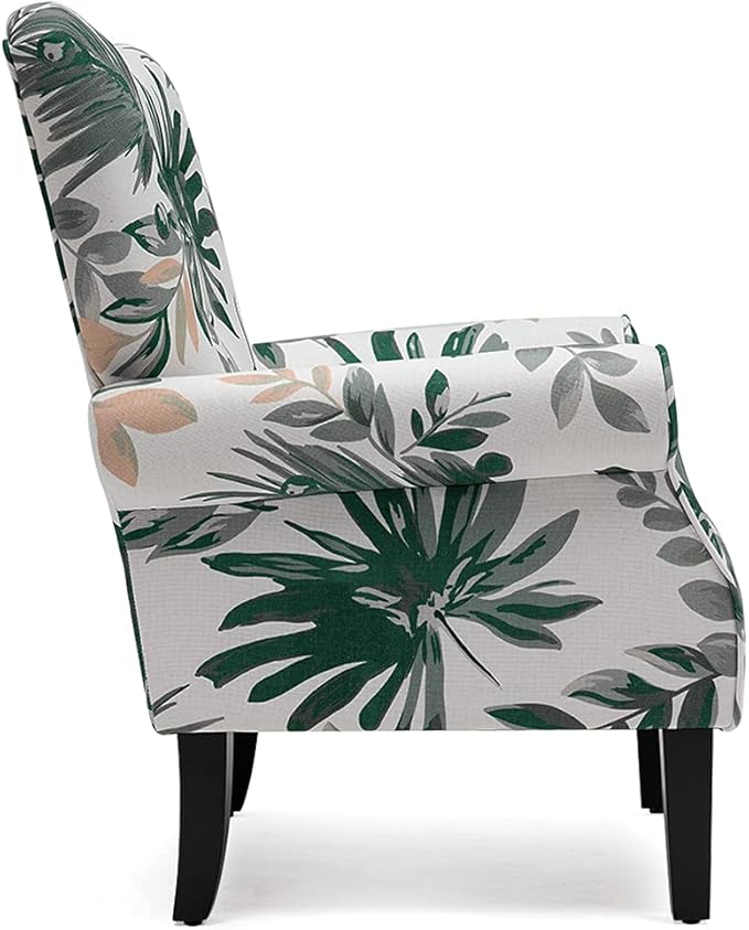 YOLENY Mid Century Wingback Arm Chair,Modern Upholstered Fabric High Back Accent Chair with Wood Legs,Upholstered Single Sofa Club Chair for Living Room, Bedroom, Home Office, Green Leaves