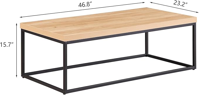 CENSI 47 Inch Oak Coffee Table for Living Room, Modern Industrial Center Table with Extra Thick 40mm Wood Top, Natural White Oak Finish, Rectangle Cocktail Table