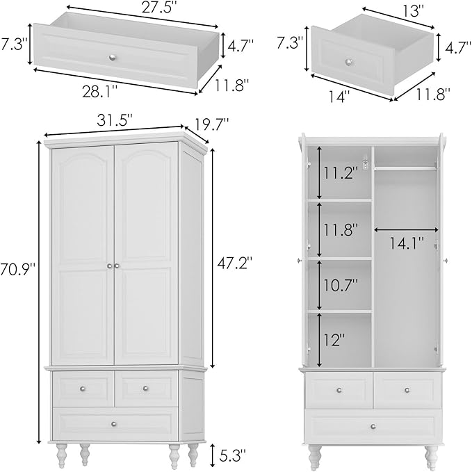 MOUMON 2 Door Armoire Wardrobe Closet with 3 Drawers, Vintage Wardrobe Cabinet with Hanging Rod, Bedroom Armoire Closet with Shelves, for Bedroom, White, 19.7”D x 31.5”W x 70.9”H