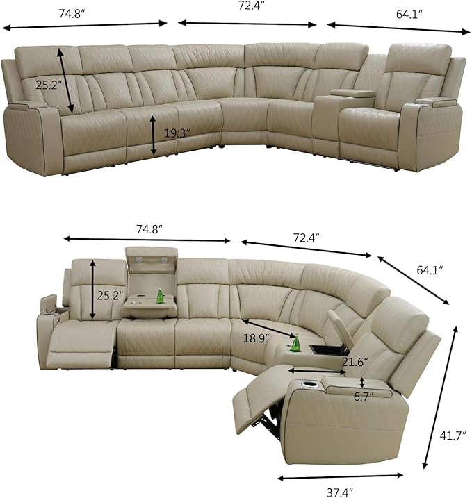 Modern Power Reclining L-Shaped Sectional, Luxury Home Theater Seating with LED Ambient Lighting, Hidden Storage & Charging Ports, Ergonomic Modular Recliner Sofa for Living Room, Beige
