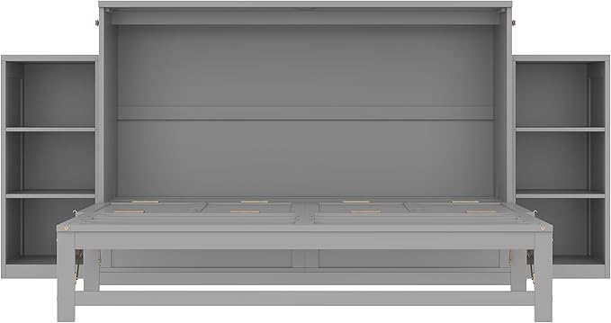Bellemave Queen Size Murphy Bed, Cabinet Bed with 2 Shelves and Storage Drawers, Farmhouse Murphy Cabinet, Noisy Free, for Guest Bedroom, Living Room, Office, Light Gray