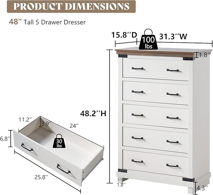 AMERLIFE 2 Pieces Farmhouse Bedroom Set, Includes Wood Rustic Queen Size Bed Frame with 54" Tall Headboard, 48" Tall 5 Drawers Dresser Chest, Heavy Duty Thick Plank Styling, Antique White