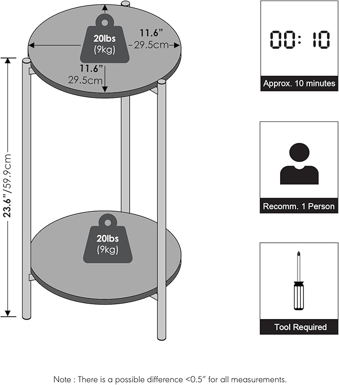 Furinno BESI Night Stand, 2-Tier Tall Round Nightstand with Metal Legs, Metal Frame Narrow End Table with Open Shelf, Side Table, Bedside Table, for Bedroom, Closet, Living Room, Marble White - Image 2