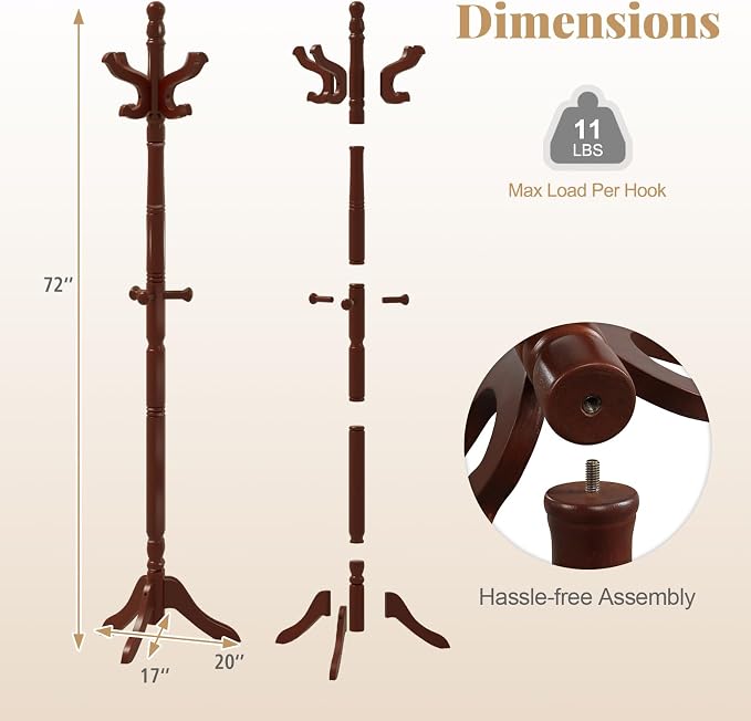 Tangkula Coat Rack Freestanding, Solid Rubber Wood Coat Tree with 11 Hooks and 3 Height Options for Coats, Hats, Bags, Purses, Clothes, Hanger Stand for Entryway Hallway Bedroom Office (Reddish Brown) - Image 5