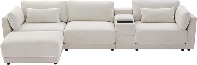 124" L-Shaped Corner Sectional Sofa with Multi-Functional Storage Console for Home Apartment, Luxury Chenille Upholstered Cloud Couches W/Wireless Charger & Ottoman