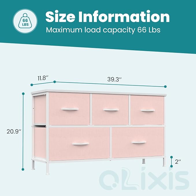 OLIXIS Dresser for Bedroom with 5 Drawers, Wide Chest of Drawers, Fabric Bedroom Dresser with Drawer Organizer, Storage Organizer Unit with Fabric Bins for Closet, Living Room, Hallway, Pink - Image 5