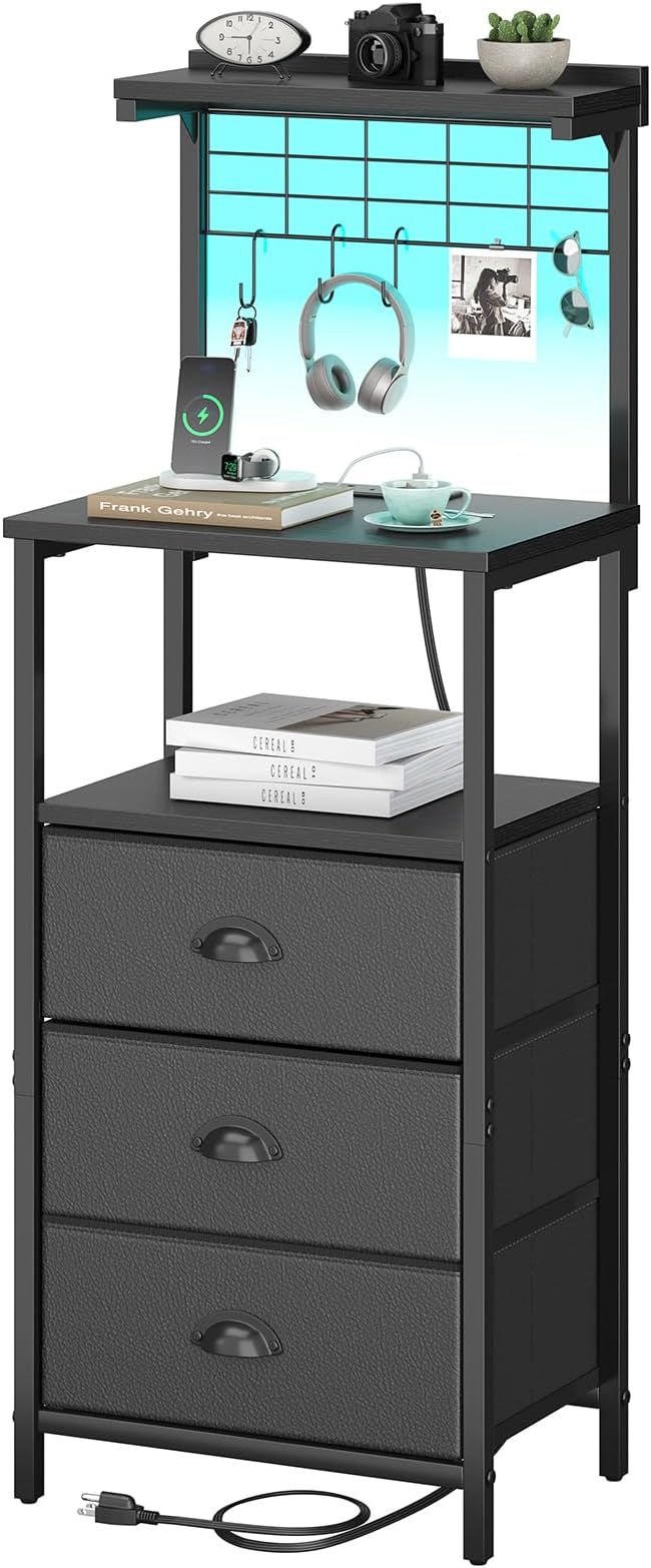 sthmec Bedside Tables Tall Nightstands with Charging Station, LED Bedside Table for Bedroom - 3 PU Fabric Drawers, Hooks, Black by Unknown