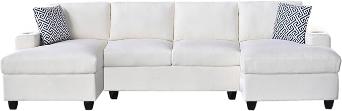 124-Inch Symmetrical Sectional Couch Wool Cloud Cushion Upholstered Sofas, U- Shaped Modular Sectional Sofa with Cup Holders and 2 Chaise Lounges for Living Room