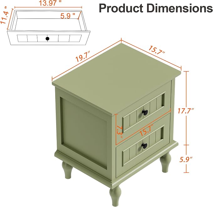 Scurrty Vintage Nightstand Set of 2, Antique Style End Table with 2 Drawers, Taller Nightstand for Bedroom, Side Table for Bedroom (Green) - Image 3