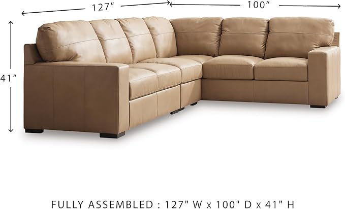 Signature Design by Ashley Bandon Modern Leather Match Right-Arm Facing 3-Piece Sectional with Removable Cushions and Armrest, Light Brown