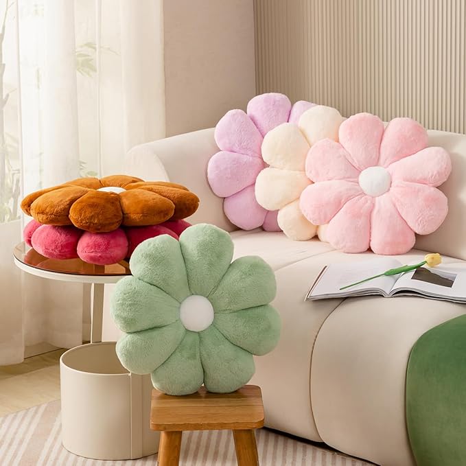 FIONOUT 17.7In Flower Pillow Decorative Pillows Soft Daisy Pillow Flower Shaped Pillow Floor Seating Custion for Reading, Couch and Room Dector (45CM/Beige)