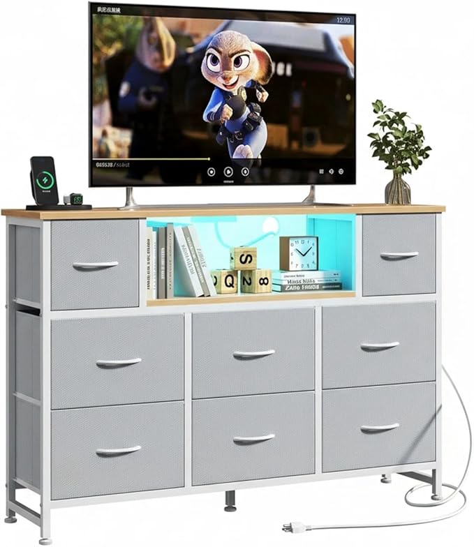 Simple Deluxe TV Stand Dresser with 8 Fabric Drawers and Open Shelves, Entertainment Center with LED Lights & Charging Station, Wood Top for 45" -55" TV, for Bedroom/Living Room/Hallway, Light Gry