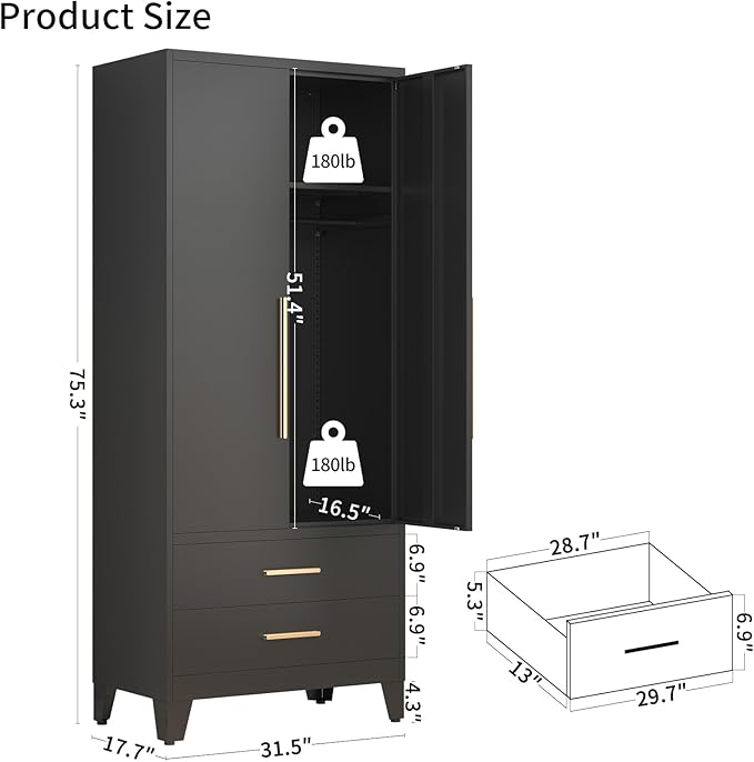 75.3" Tall Metal Armoire Wardrobe Closet with 2 Doors and 2 Drawers, Adjustable Hanging Rod and Adjustable Shelf, Freestanding Storage Cabinet Organizer for Bedroom, Office, Laundry Room，Black