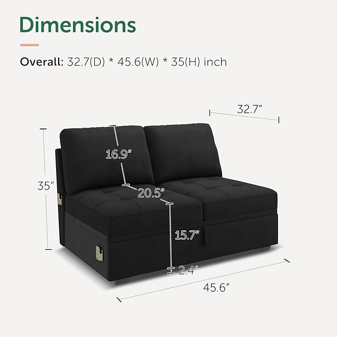 HONBAY Modular Sectional Sleeper Sofa with Pull Out Bed, Loveset Chair for Sectional Couch, Black