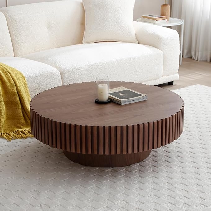 WILLIAMSPACE 39.4" Walnut Round Coffee Table, Modern Luxury Wood Circle Drum Center Table for Living Room, Accent Side End Table for Apartment, ø39.4'' x 13.4''H (Walnut)