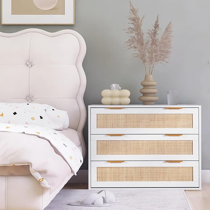 HOPUBUY Large Nightstand Set of 2 with Rattan Drawer, Modern 3 Drawer Night Stand for Bedroom, Wooden Bedside Table for Queen Size and King Size Bed,White - Image 5