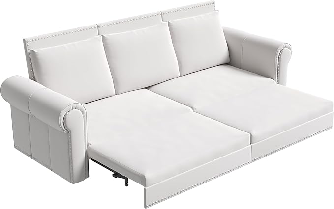 Eafurn 93.7" King Size Pull Out Sofa Bed, 3-in-1 Convertible Sleeper Sofa Couch Bed with Nailhead Decor and Rolled Arms, Velvet Oversized Chesterfield Loveseat Chaise Lounge
