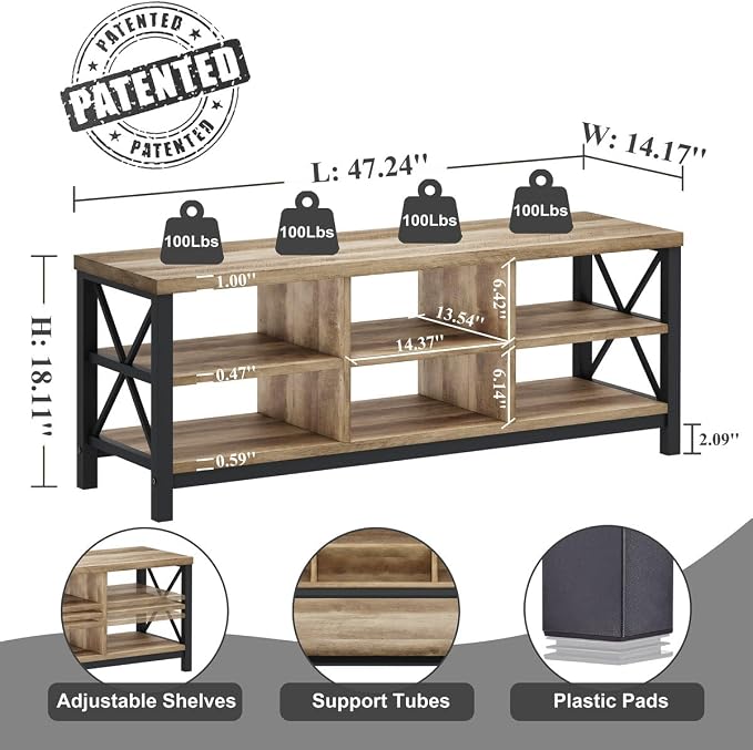 FATORRI Shoe Bench Entryway with Storage, Industrial Wood and Metal Hallway Benches with Adjustable Shelves, Rustic Entry Way Bench for Living Room (47.24 Inch Long, Rustic Oak) - Image 2