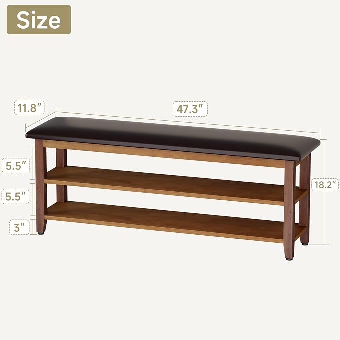 Shoe Bench with Leather Cushion,Wood Bench with Shoe Rack,2-Tier Shoe Storage Organizer for Entryway,Hallway,Living Room (Brown, 2-Tier-47.3") - Image 2