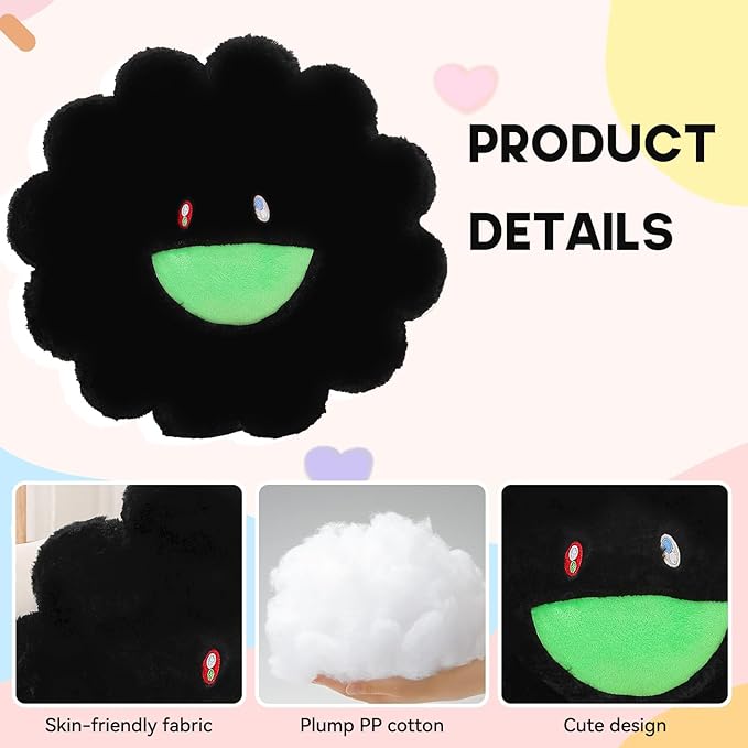 Flower Pillow,Flower Shaped Throw Pillow,Cute Smiley Face Floor Cushions,Colorful Sunflower Plush Pillows,Cute Plushie Room Decor,Mothers Day Decorative Pillows for Bedroom,Sofa,Dorm (Black,23.6In)
