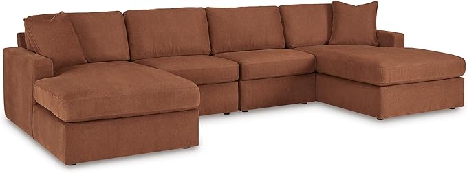 Signature Design by Ashley Modmax Stain Resistant Minimalist Modular Anti Sag 4-Piece Double Chaise Sectional with Loose Reversible Cushions and 2 Accent Pillows, Orange