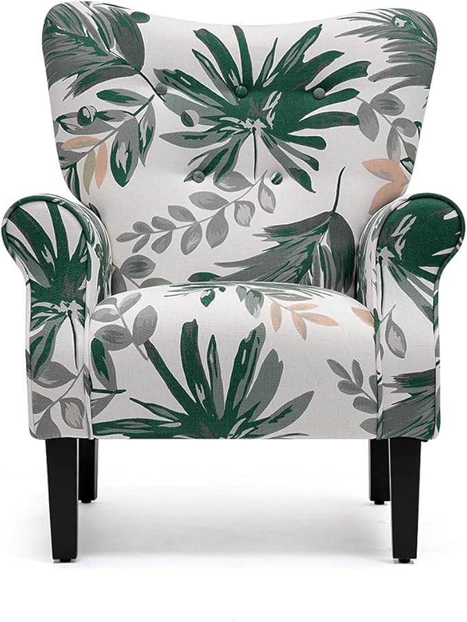 YOLENY Mid Century Wingback Arm Chair,Modern Upholstered Fabric High Back Accent Chair with Wood Legs,Upholstered Single Sofa Club Chair for Living Room, Bedroom, Home Office, Green Leaves