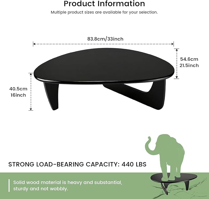 Solid Wooden Modern Triangle Coffee Table: Unique Funky Coffee Tables for Living Room, Oval Mid-Century Irregular Abstract Tea Tables for Patio Office Balcony Bedroom (Black, 33" L x 22" W x 16" H)