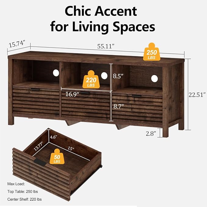 BON AUGURE TV Stand, Mid Century Modern Media Console for 65/55/50 Inch TVs, Wood Fluted Entertainment Center with Storage for Living Room, Bedroom (Rustic Oak) - Image 2