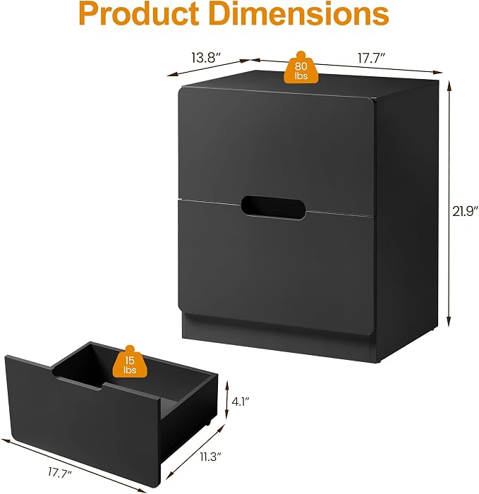 RoyalCraft Black Nightstand with Drawers, Night Stand for Bedroom, Modern Bedside Table with Handless Design, Wood End Table for Living Room, Hallway - Image 2