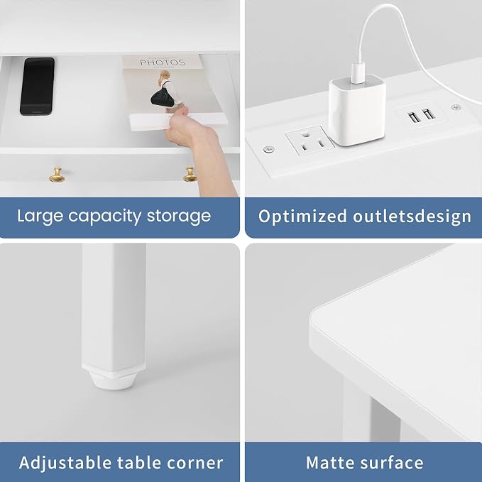 Edbuosy 3 Wooden Drawers Nightstand, 27 Inch Wide Night Stand Set 2 with Charging Station and Adjustable Drawers, Small Dresser for Closet, Bedside Table for Living Room/Bedroom/Office, White. - Image 3