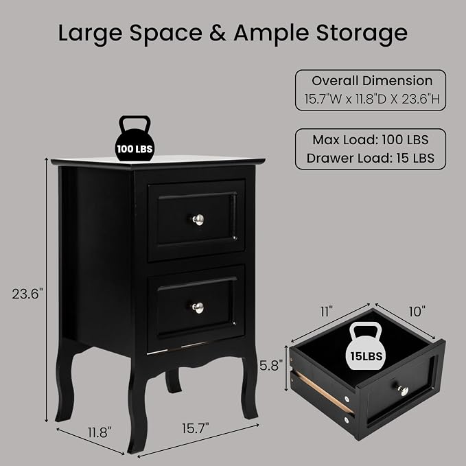 Karl home Black Nightstand Set of 2 for Bedroom, Vintage Small Night Stand with Drawers, Farmhouse Side Table, Wooden End Tables with Curved Legs for Office, Mid-Century - Image 3