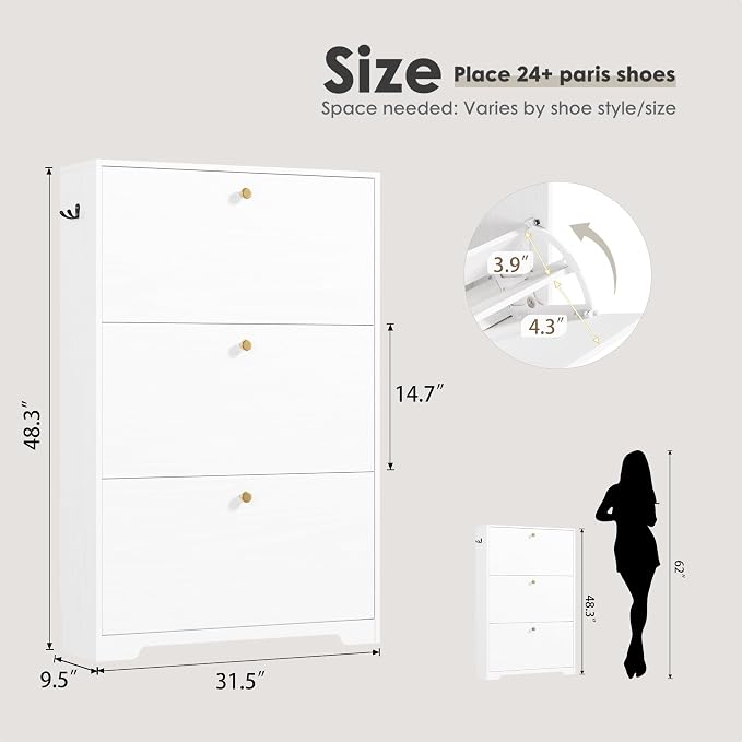 Nicetree Shoe Cabinet with 3 Flip Drawers, Narrow Shoe Organizer Cabinet, Freestanding Shoe Rack Cabinet, Morden Shoe Storage Cabinet for Entryway, Hallway, Foryer, White with Hook - Image 2