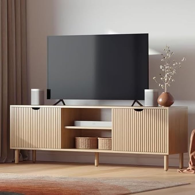 Stead Contemporary Fluted TV Stand, 70 Inches TV Media Console, Supports 32 to 80" TVs, Media Console Cabinet for Living Room and Bedrooms, Soft-Close Cabinet Doors (Light Oak) by Stead
