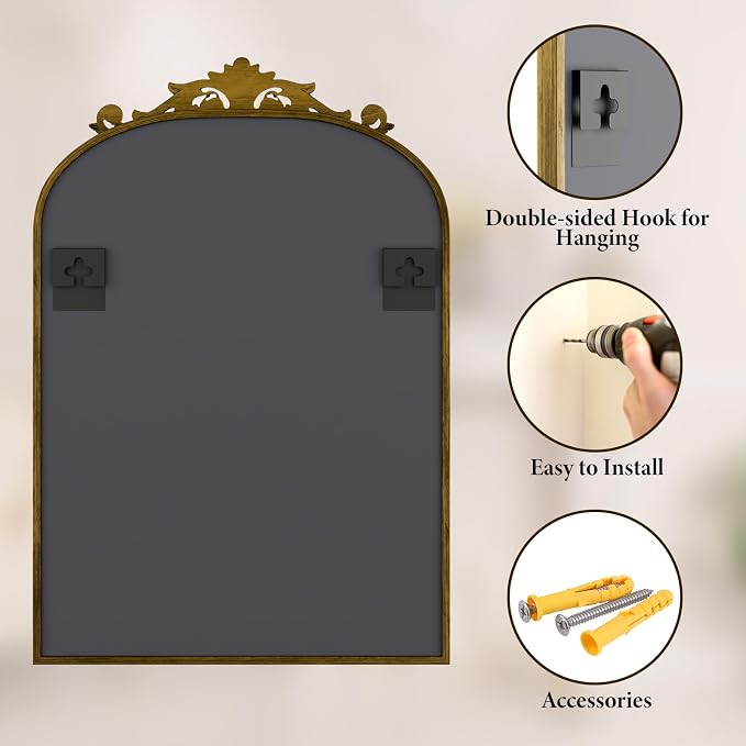 Koonmi Vintage Mirror, 30x40 Antique Decorative Mirrors with Flower Head, Bronze Ornate Mirror for Wall, Tempered Glass, Baroque Mirrors for Bathroom Living Room Fireplace Entryway - Image 6