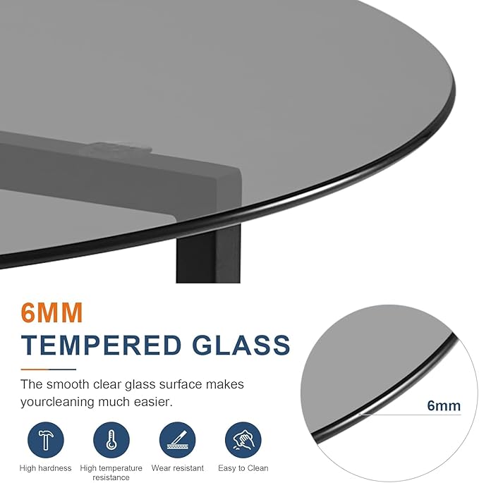 Round Coffee Table, 35.4 Inch Circle Glass Top Center Table with Iron Legs, Modern Minimalist Design for Living Room, Office (Black Top)